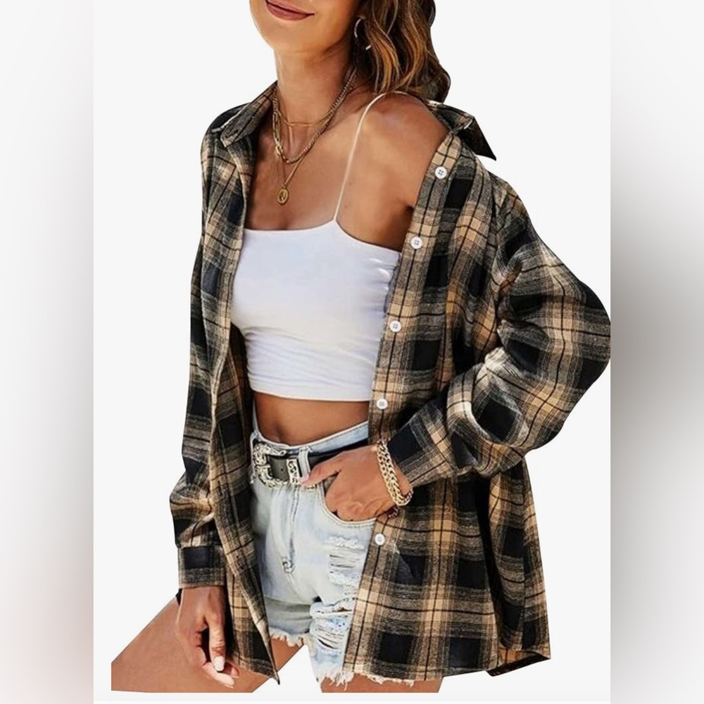 Casual Plaid Button-Down Shirt - Black and Tan